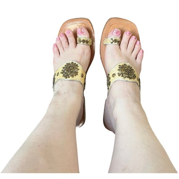 Le Petit Sperone  Beige Leather Beaded Slide Sandals Square Toe Womens US 8 Flat - Picture 1 of 10